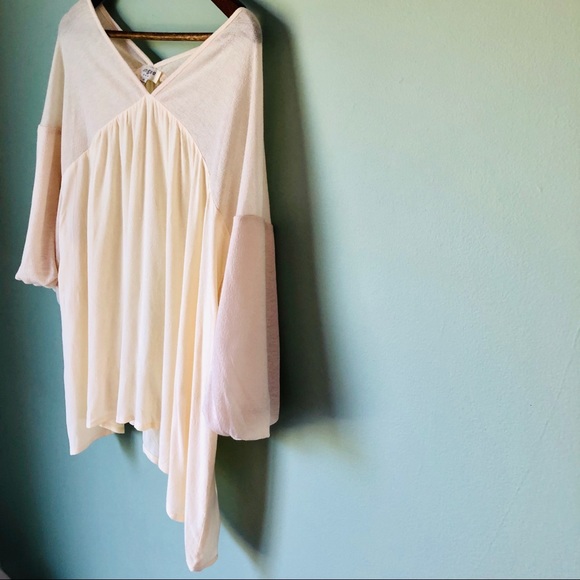 Umgee Sheer Cream Puff Sleeve Flowy Blouse - Picture 6 of 7